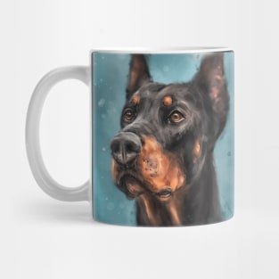 Painting of a Gorgeous Black and Gold Doberman on Dark Blue Background Mug